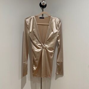 Beige Satin Long Sleeve Dress